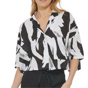 DKNY Linen Blend Black & White Abstract Design w  Pocket Square Short Sleeve XL